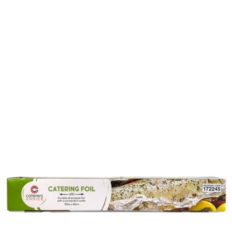 High-quality 44cm x 150m catering foil in a dispenser box with cutter, 11 microns thick, ideal for food preparation.
