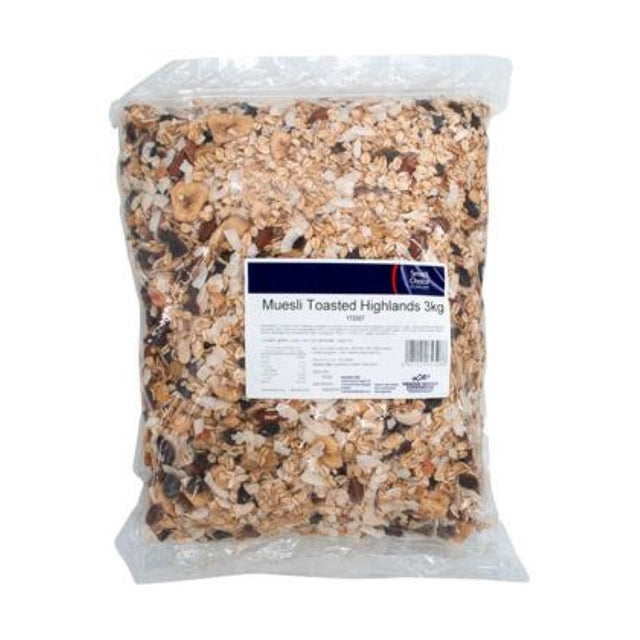 Toasted Highlands muesli in a 3KG pack featuring a blend of toasted grains, dried fruits, and nuts for a nutritious breakfast.