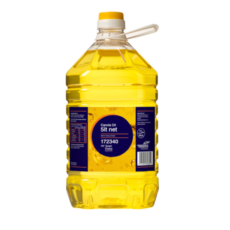 5L Smart Choice Canola Oil from Malaysia, rich in omega-3, perfect for frying, baking, and salad dressings.