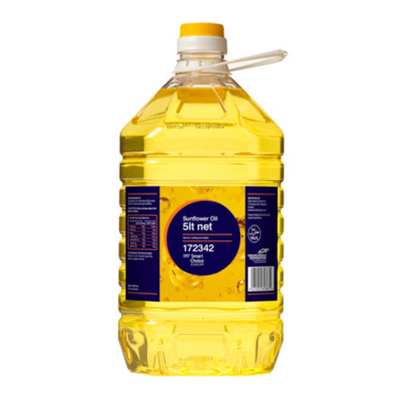 5L bottle of Smart Choice Sunflower Oil, sourced from Malaysia, great for frying and baking, rich in Vitamin E and antioxidants.