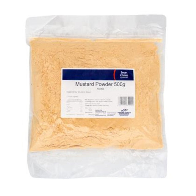 Smart Choice Mustard Powder - 500g jar of fine yellow powder for enhancing dressings, marinades, and rubs with flavor.