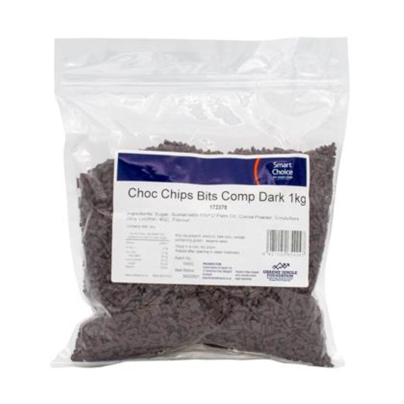 1KG pack of rich dark chocolate chips, ideal for baking cakes, muffins, and cookies with a smooth finish.