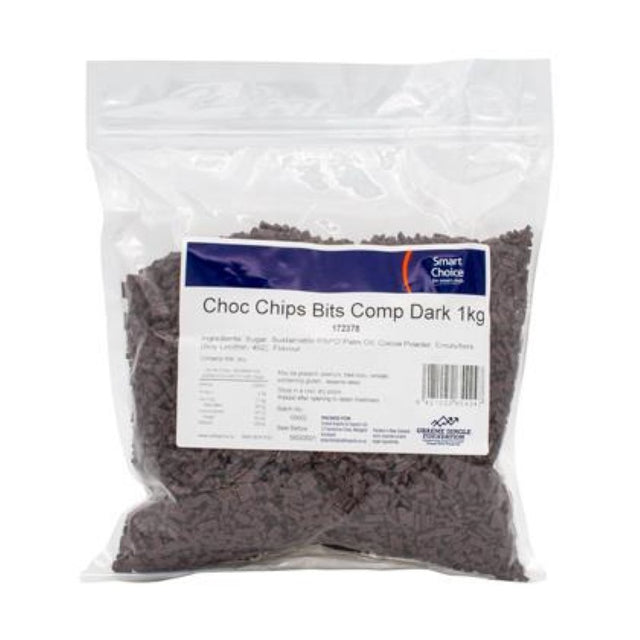 1KG pack of rich dark chocolate chips, ideal for baking cakes, muffins, and cookies with a smooth finish.