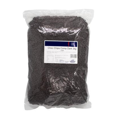 A 3KG bag of Smart Choice dark chocolate chips, ideal for baking cakes, muffins, and biscuits with a rich bittersweet flavor.