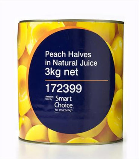 Peach halves in natural juice from Smart Choice, 3KG pack, perfect for desserts, salads, and healthy snacks.