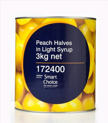 Succulent peach halves in light syrup, perfect for desserts and baking, packaged in a convenient 3kg size.