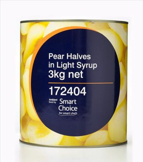 Juicy pear halves in light syrup, perfect for salads and desserts, in a convenient 3KG can from Smart Choice.