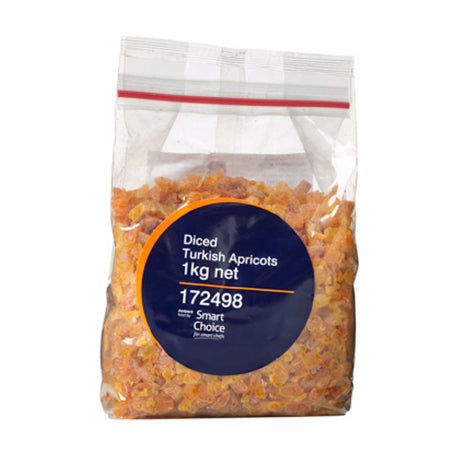 Diced Turkish dried apricots in a 1KG pack, perfect for snacks and healthy recipes.