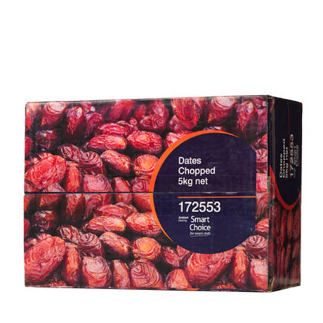 Chopped and diced dates in a 5KG pack, perfect for snacking, baking, and enhancing recipes, sourced from Iran.