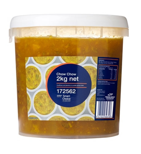 A 2kg container of Chow Chow relish featuring cauliflower and gherkins in a subtly spiced sauce, perfect for enhancing meals.