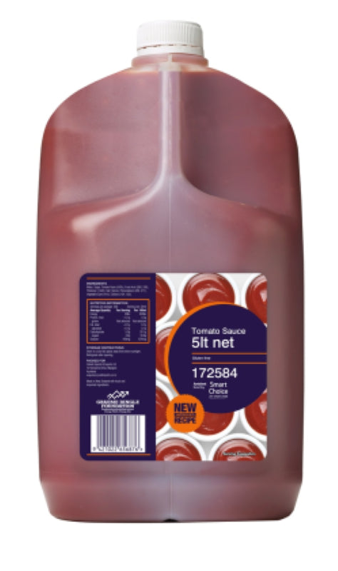 5L bottle of Smart Choice Tomato Sauce, made with premium tomatoes for enhancing pasta, casseroles, and more.