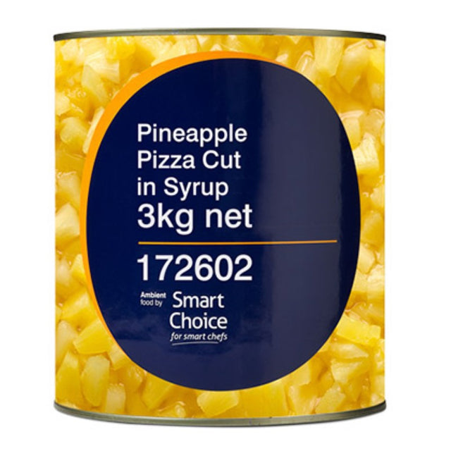 Pineapple Pizza Cut in Syrup from Smart Choice, 3KG pack, sweet, juicy pineapple slices in syrup for pizzas and desserts.