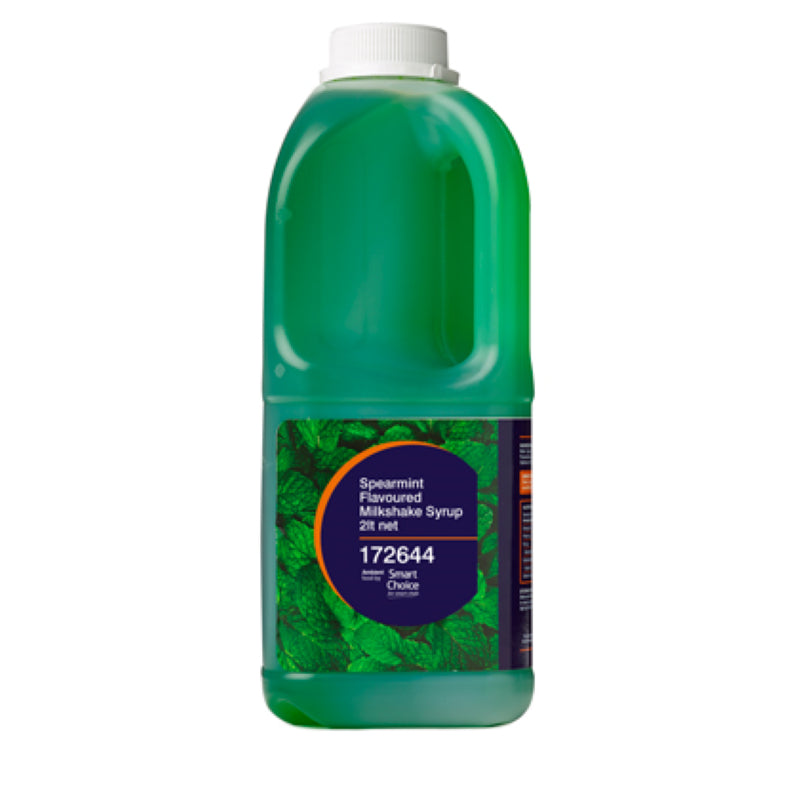 Spearmint-flavored syrup in a 2L bottle from Smart Choice, perfect for enhancing shakes, desserts, and drinks.