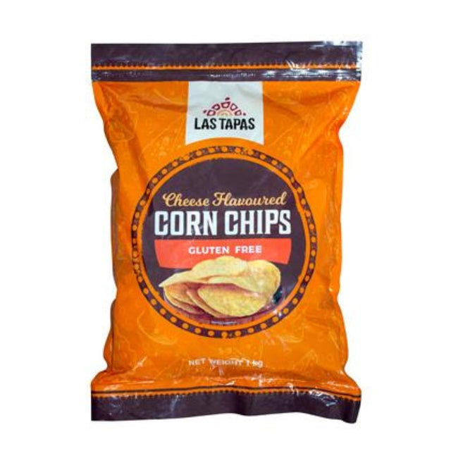 Gluten-free Corn Chip Cheese Rounds from Las Tapas, 1KG pack, perfect for snacking and parties, bursting with cheesy flavor.