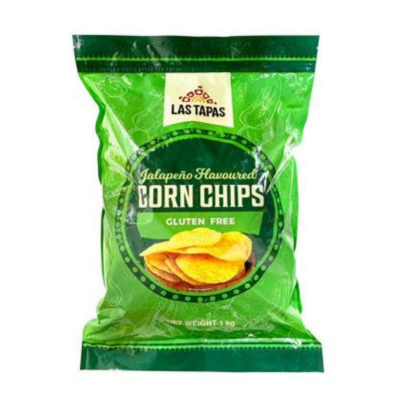 Gluten-free jalapeno corn chips from Las Tapas, round shape, bold flavor, perfect for sharing or pairing with dips.