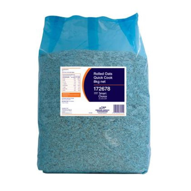 8kg bag of Smart Choice quick-cook rolled oats, ideal for nutritious breakfasts and versatile recipes.