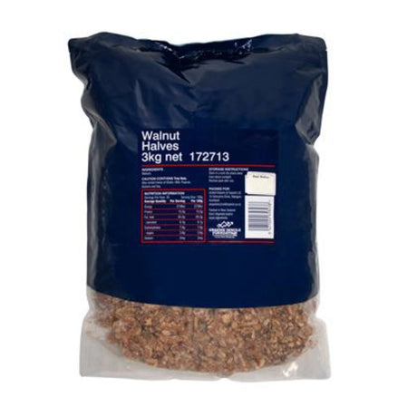 Premium walnut halves in a 3KG bag, rich in antioxidants and omega-3s, perfect for healthy snacking and culinary uses.