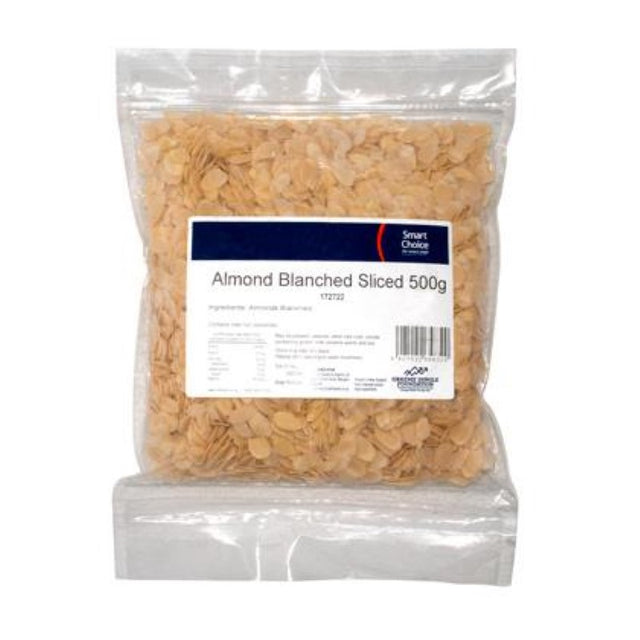 Blanched almond slices in a 500G pack, ideal for adding crunch and flavor to salads, desserts, and baking.