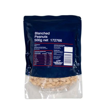 Blanched whole peanuts in a 500G pack, rich in nutrients and perfect for snacks, baking, or salads.