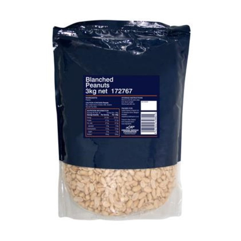 Blanched whole peanuts in a 3KG bag, perfect for snacking and cooking, offering great taste and health benefits.