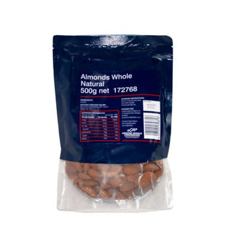 Whole almonds in a 500g pack, offering premium quality, essential nutrients, and a nutritious snacking option.