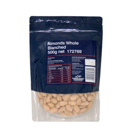 Blanched whole almonds in a 500g pack, perfect for snacking or cooking, rich in nutrients, no preservatives.