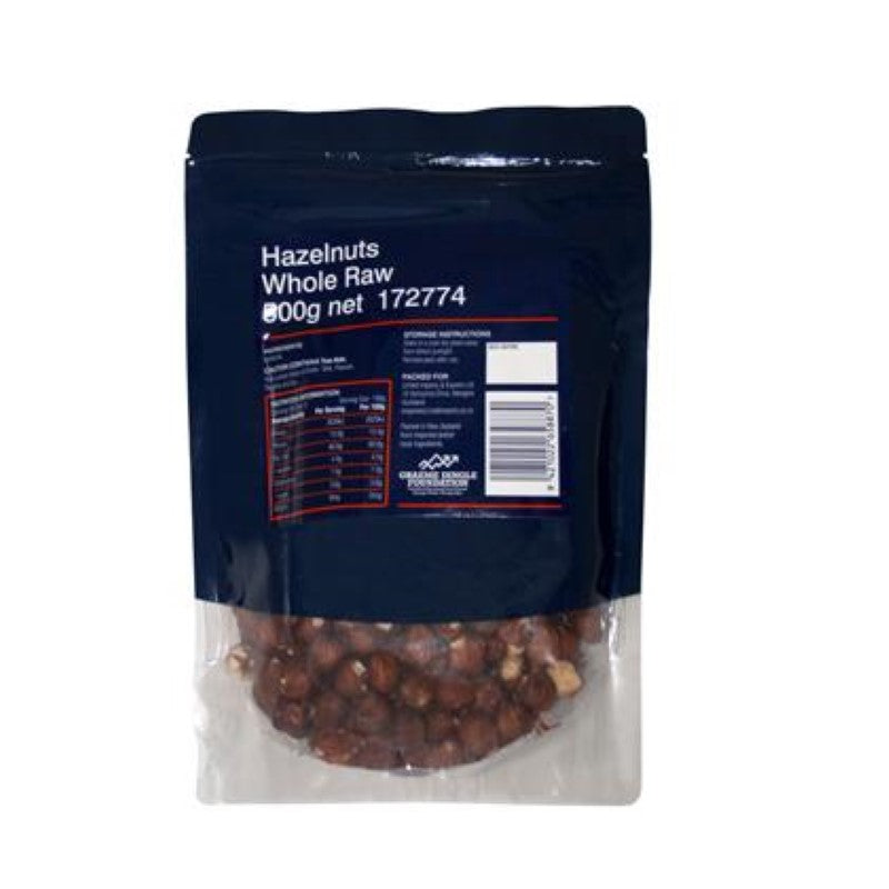 Whole raw hazelnuts in a 500G pack with skin on, ideal for snacking and enriching recipes with nutty flavor.