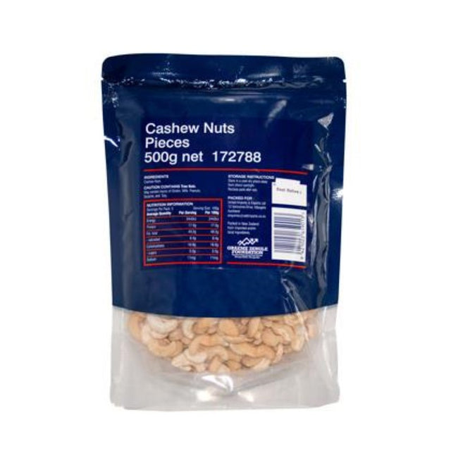 Creamy cashew nut pieces in a 500g pack, perfect for snacking, salads, and desserts, promoting a healthy lifestyle.