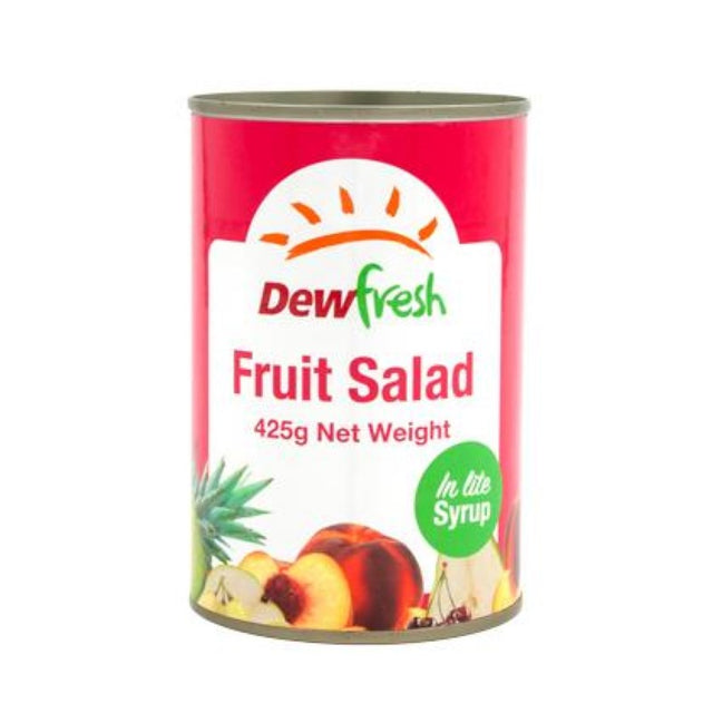 Assorted fruity salad in light syrup by Dewfresh, packed in a 425g can for a delicious and healthy snack.