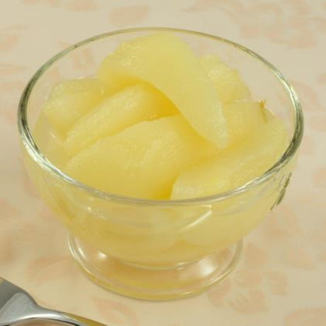 Dewfresh Pear Slices in Lite Syrup, 425G, showcasing juicy pear slices preserved in light syrup, perfect for snacks and desserts.