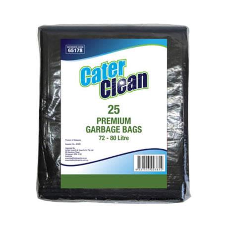 Durable black rubbish bags, 72-80L capacity, 25-pack, ideal for home and commercial waste disposal.