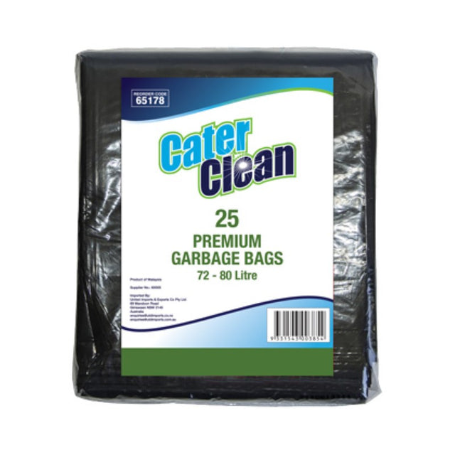 Durable black rubbish bags, 72-80L capacity, 25-pack, ideal for home and commercial waste disposal.