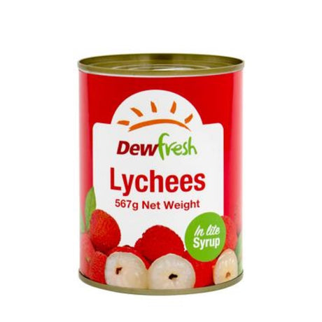 Pitted lychees in light syrup from Dewfresh, packed in a 567g container for sweet snacking and desserts.