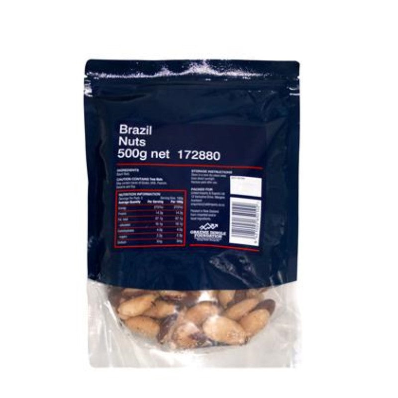 Premium shelled Brazil nuts in a 500g pack, rich in selenium and magnesium, perfect for healthy snacking and recipes.