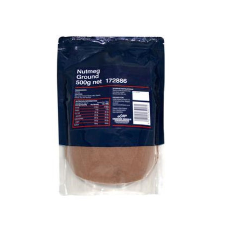 Ground Nutmeg in a 500g package, rich aroma and flavor, ideal for enhancing sweet and savory dishes.