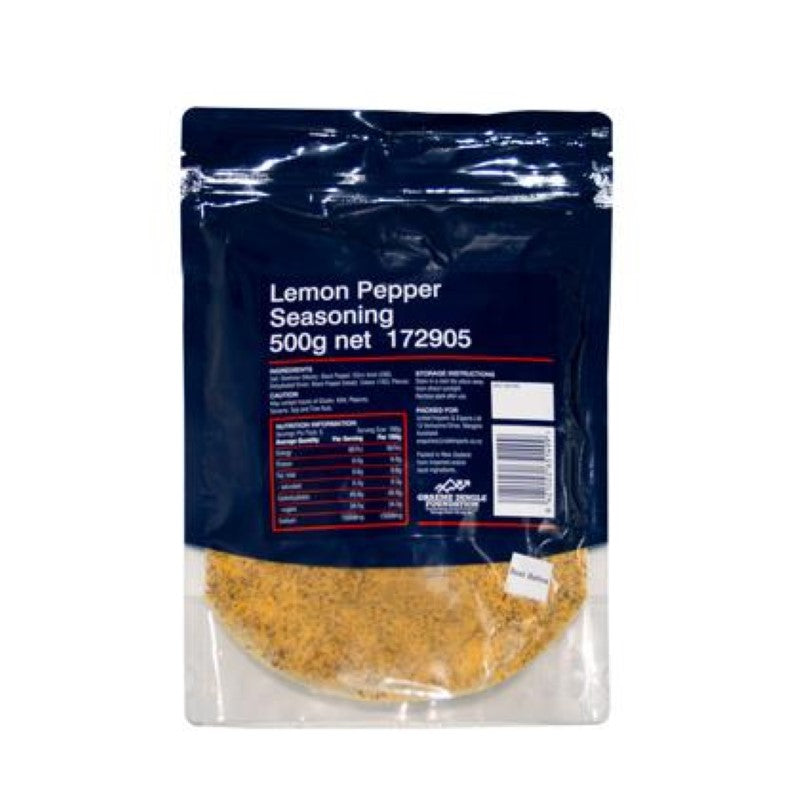 Zesty 500G Lemon Pepper seasoning blend, yellow with black speckles, perfect for enhancing grilled and baked dishes.