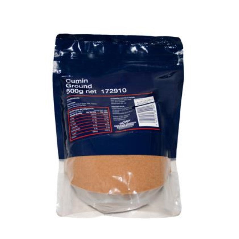 Ground cumin in a 500G pack, enhancing dishes with earthy flavor; perfect for home cooks and chefs.