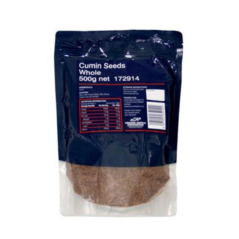 Whole cumin seeds in a 500g pack, yellow-brown, steam treated for flavor, perfect for enhancing various dishes.