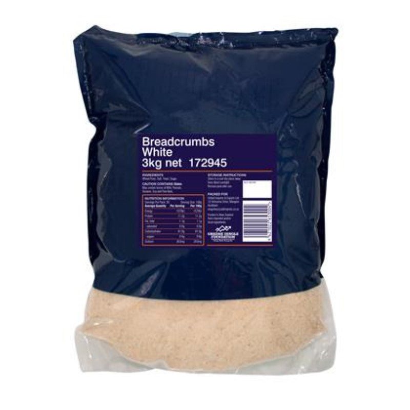 Coarse white breadcrumbs in a 3KG pack, perfect for adding crunch to culinary dishes, sourced from Malaysia and packed in NZ.