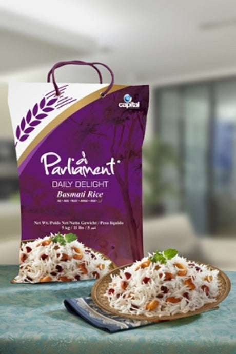 5KG pack of Parliament Basmati Rice, long grains, aromatic, hygienically processed for authentic Indian cuisine.