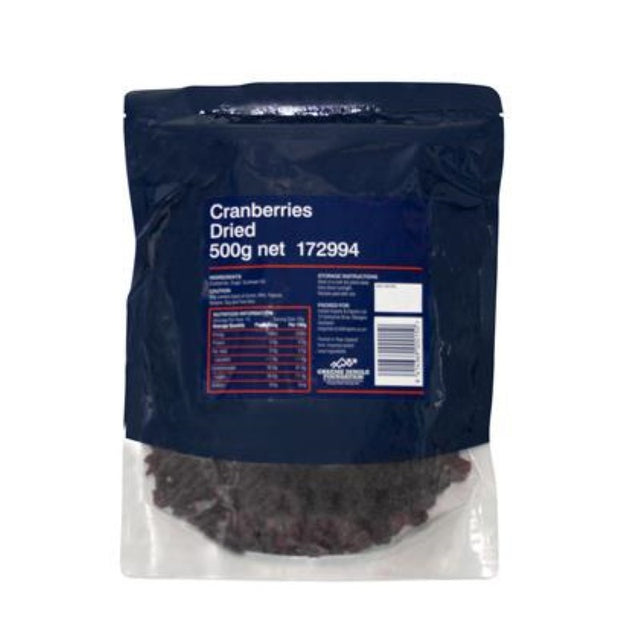 Dried cranberries in a 500g pack, rich in antioxidants and tangy flavor, perfect for snacking and baking.