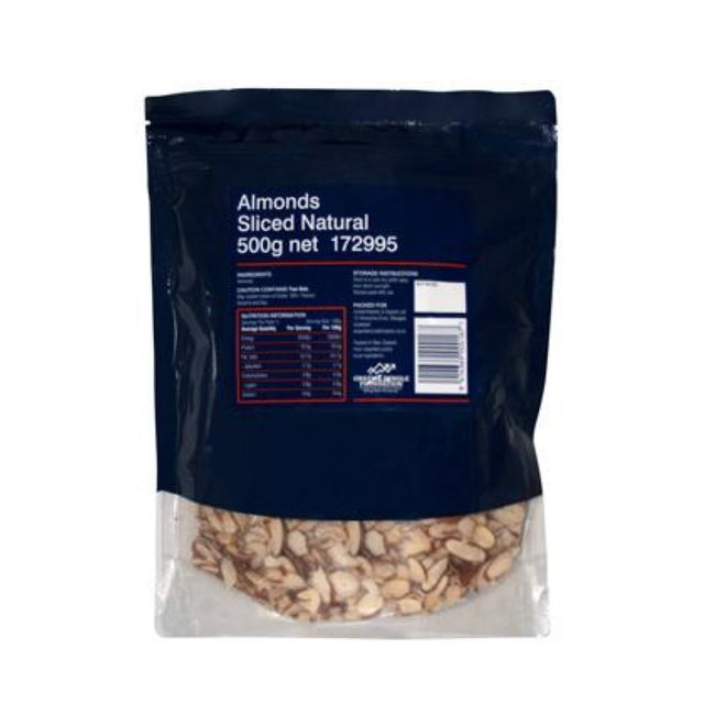 Conveniently sliced natural almonds, 500g pack, perfect for snacking or adding to recipes, packed in New Zealand.