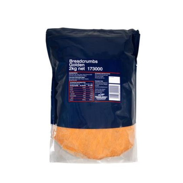 Golden breadcrumbs in a 2kg pack, ideal for crunchy coatings in baking and frying, enhancing your favorite dishes.