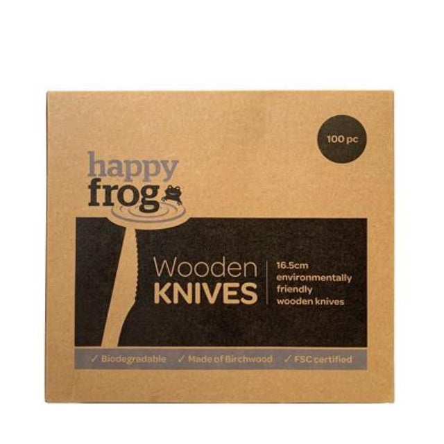 Eco-friendly 16cm biodegradable wooden knives made from sustainable birch wood, pack of 100, ideal for events and parties.