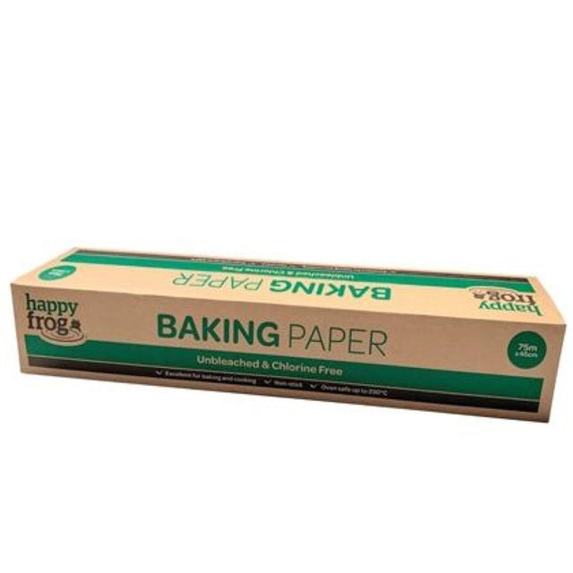 Unbleached natural brown baking paper, 45cm x 75m, silicone-treated for easy baking, by Happy Frog.