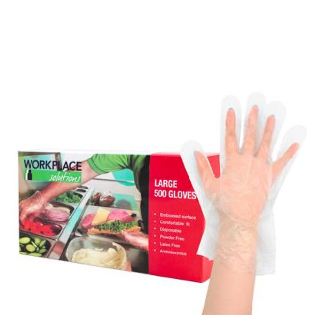 Clear powder-free PE gloves, size large, 500 count, perfect for food service use.