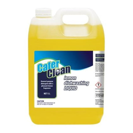 Clear lemon-scented dishwash liquid in a 5L bottle, effective for tough grime and gentle on hands, made in New Zealand.