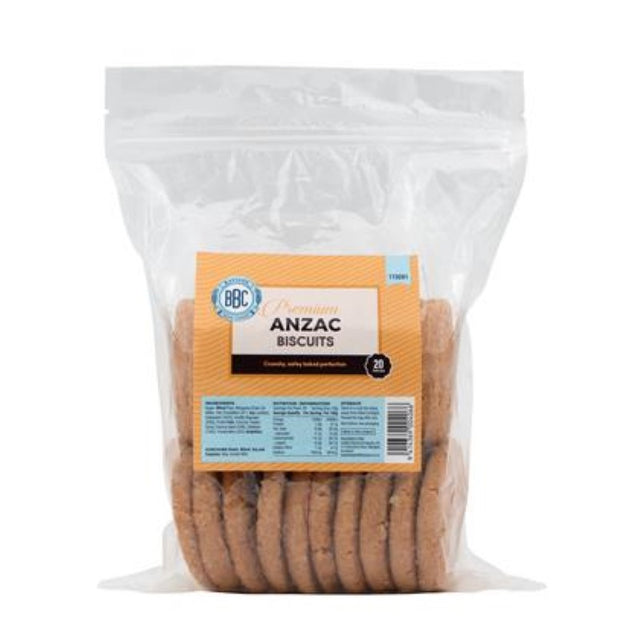 Premium Anzac biscuits from Bayside Baking Company, 26g packs with caramel flavor and oaty texture, made in New Zealand.