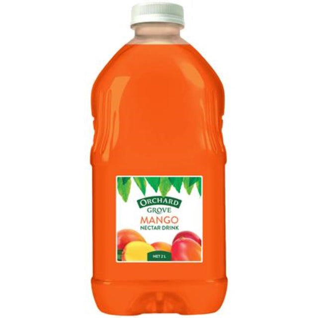 Orchard Grove 2L Mango Nectar drink, made from New Zealand mangoes, perfect for refreshing sips or cocktail mixes.