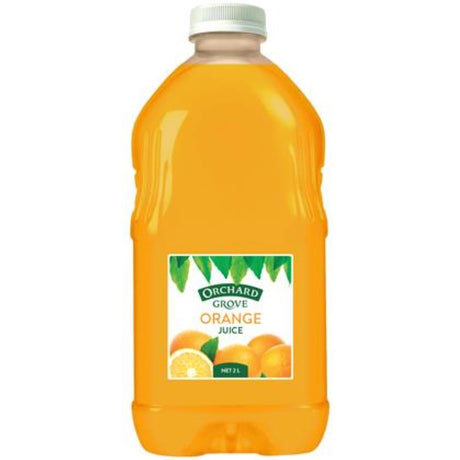 Orchard Grove 2L orange fruit juice from New Zealand, bursting with fresh citrus flavor and vitamins for a refreshing drink.